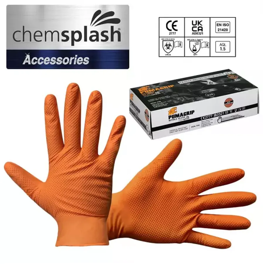 CHEMSPLASH PUMAGRIP Egyszerhasználatos púdermentes nitril kesztyű, orange, 50 db / 1 doboz